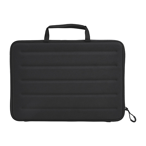 Schwarze Laptoptasche mit horizontalen Rippen und Griff oben.