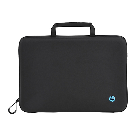 Schwarze Laptoptasche mit Griff. Kleines blaues HP-Logo rechts unten.