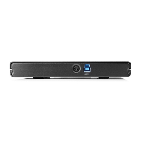 Disque dur noir sur fond blanc. Port USB et logo.