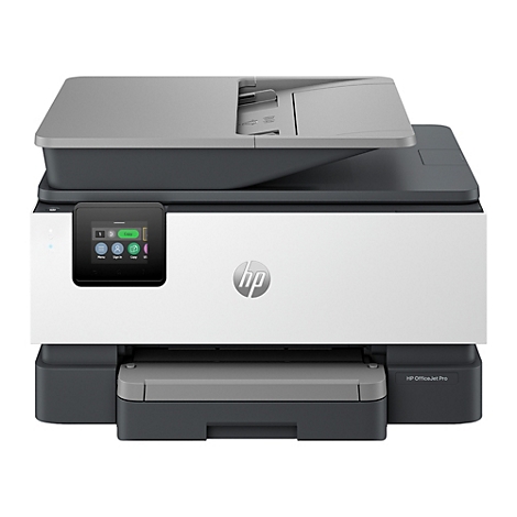 Wit en zwarte HP OfficeJet Pro printer, display met iconen, HP logo. Grijze hoes.