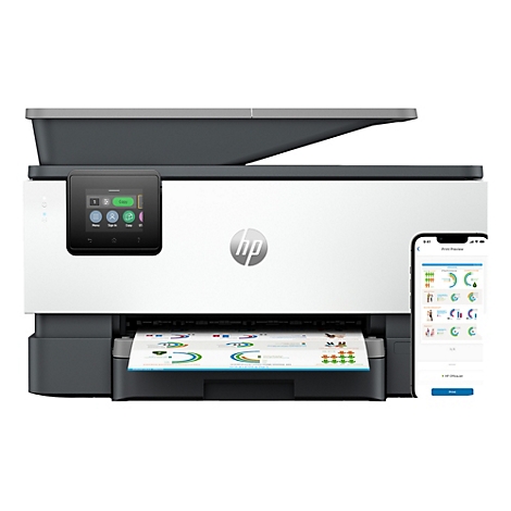 Wit en grijze printer met touchscreen en smartphoneverbinding. De smartphone toont een app-weergave.