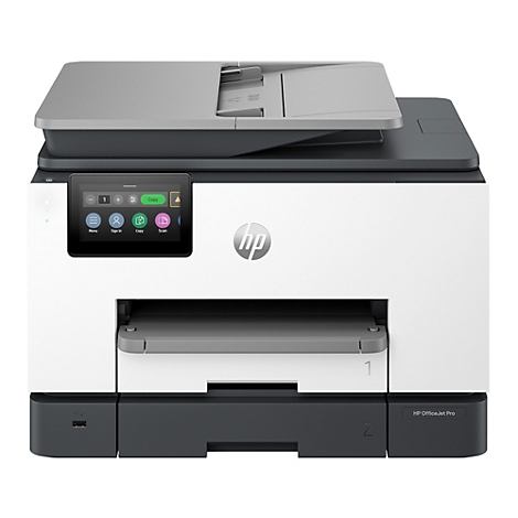 Een witte HP OfficeJet Pro printer met een touchscreen en grijze deksel. Het HP-logo staat rechts.