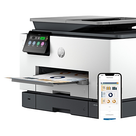 Wit en zwarte HP printer met touchscreen, papieruitvoer en smartphone app representatie.