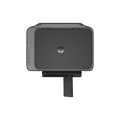 Vue de dessus d'une imprimante HP noire avec une bordure grise. Le bac à papier est sorti.