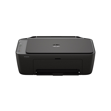Imprimante HP DeskJet noire, vue de face. Le couvercle est sur le dessus, et la sortie papier est en dessous.