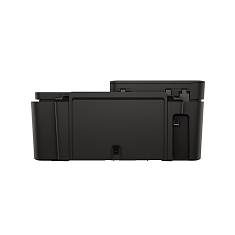 Vue arrière d'une imprimante noire sur fond blanc. On peut voir les connexions pour l'alimentation, l'USB et d'autres câbles.