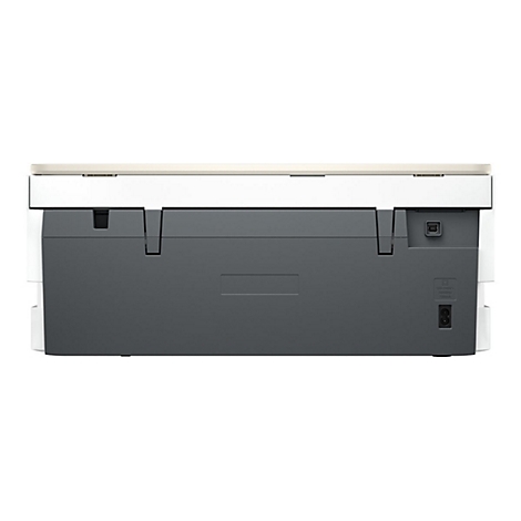 Vue arrière d'une imprimante, grise et blanche, avec connexions, port d'alimentation et port USB.