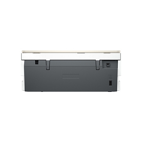 Arrière d'une imprimante avec ports d'alimentation et USB. Les pièces sont blanches, gris clair et gris foncé.