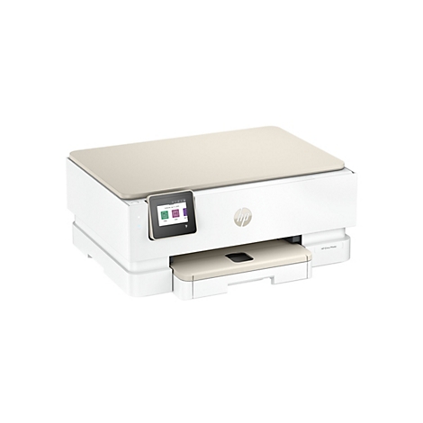 Imprimante blanche avec dessus beige. L'écran tactile affiche des icônes pour copier, numériser, etc. Logo HP. "HP Envy Photo" sur le bord.