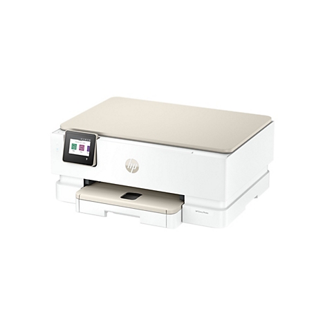 Une imprimante HP Envy Photo blanche avec un couvercle et un tiroir beiges, un écran tactile. L'écran tactile affiche des icônes pour copier, numériser, raccourcis.