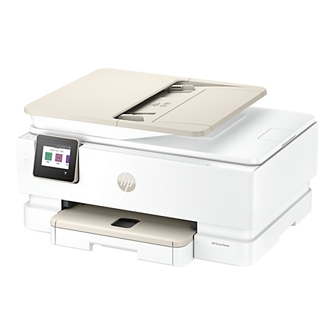 Imprimante HP Envy Photo blanche avec couvercle ouvert. Le panneau de commande affiche les options de copie, de numérisation et de raccourcis.