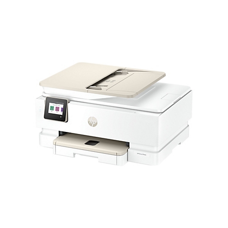 Une imprimante HP Envy Photo blanche avec un couvercle beige et un panneau de commande. Le panneau de commande affiche des icônes pour copier, numériser et des raccourcis.