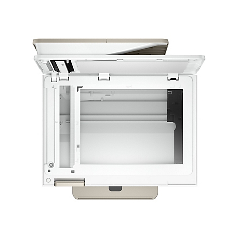 Vue de dessus d'une imprimante blanche avec le couvercle du scanner ouvert. Des échelles pour les formats de papier sont visibles sur l'appareil.