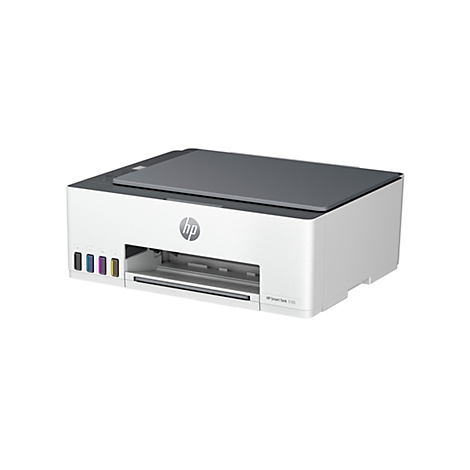 Une imprimante HP Smart Tank 5105 blanche avec couvercle gris, logo HP et réservoirs d'encre.