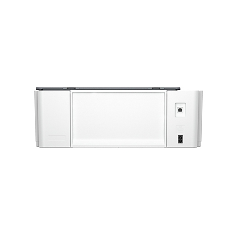 Vue de dessus d'une imprimante blanche. Il y a des ports pour l'alimentation et les câbles USB à l'arrière.