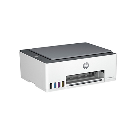 Une imprimante HP Smart Tank 5105 blanche avec un couvercle gris. Les encres couleur sont visibles.