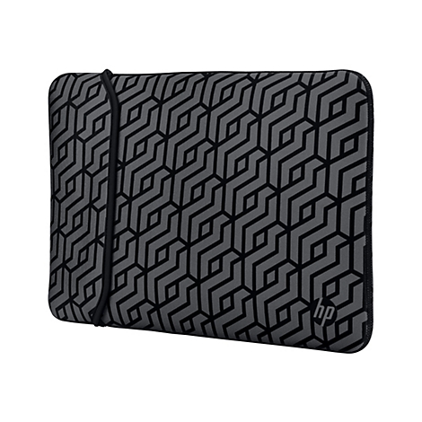 Graue Laptoptasche mit schwarzem geometrischen Muster. Auf der Tasche ist ein Logo von HP.
