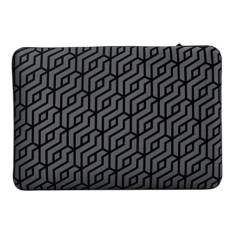 Graue Laptoptasche mit schwarzem geometrischen Muster.