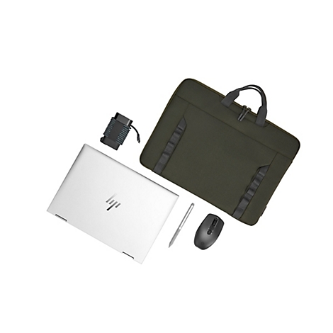 Laptop, Laptoptasche in Olivgrün, Maus, Stift und Ladegerät auf weißem Hintergrund.