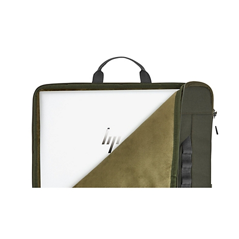 Ein weißer Laptop mit HP-Logo in einer halb geöffneten, olivgrünen Laptoptasche mit weichem Innenfutter.