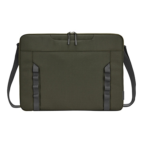 Eine olivgrüne Laptoptasche mit Schultergurt vor weißem Hintergrund.