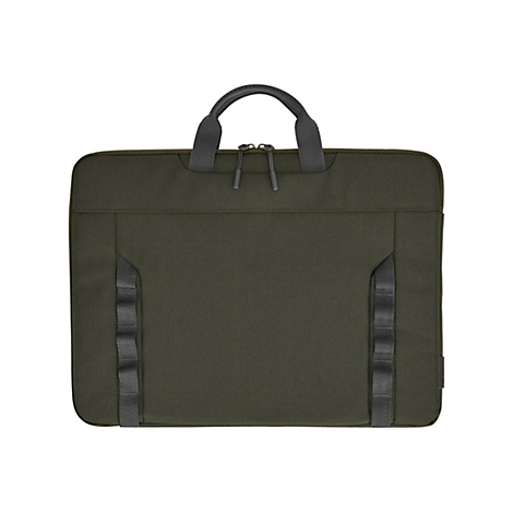 Dunkelgrüne Laptoptasche mit zwei schwarzen Trägern und Reißverschlüssen oben. Graue Details an den Seiten.