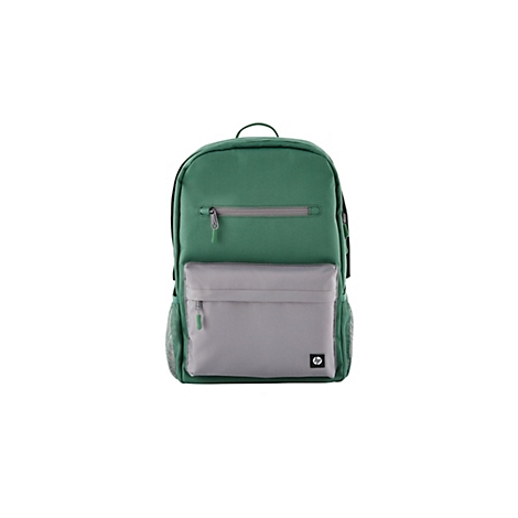 Ein grüner Rucksack mit grauer Fronttasche. Reißverschlüsse mit grünen Zippern. HP-Logo.