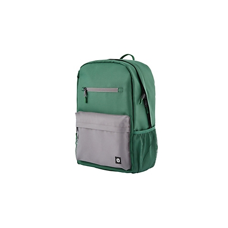 Ein grüner Rucksack mit grauer Fronttasche und HP-Logo, Reißverschlüssen, einer Netztasche und einem Griff.