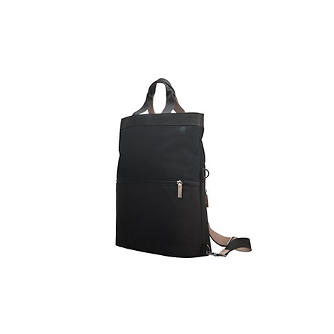 Schwarze Schultertasche mit Tragegriff. Reißverschluss, verstellbarer Riemen. Dunkler Hintergrund.