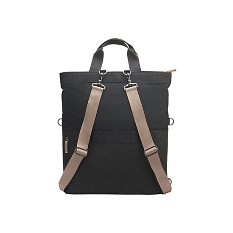 Schwarzer Rucksack mit beigefarbenen Trägern, auf weißem Hintergrund.