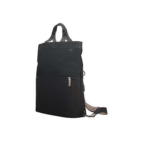 Schwarzer Rucksack mit Henkel und Schulterriemen. Reißverschluss-Details. HP Logo.