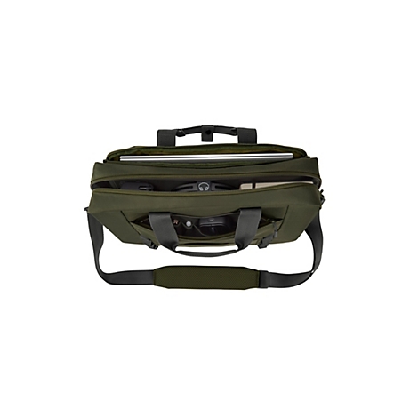 Von oben geöffnete, olivgrüne Laptoptasche mit Organizer-Fächern für technisches Zubehör.