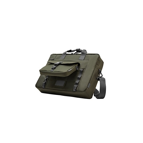 Olivgrüne Laptoptasche mit aufgesetzter Fronttasche, Tragegriffen und Schultergurt vor weißem Hintergrund.