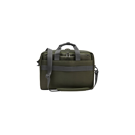 Olivefarbene Laptoptasche mit grauem Tragegriff und Schulterriemen vor weißem Hintergrund.