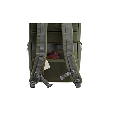 Rückseite eines olivgrünen Rucksacks mit gepolsterten Trägern und verstecktem Fach mit Geldbeutel.