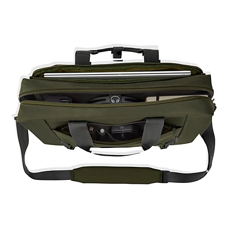 Grüne Laptoptasche mit Reißverschluss, gefüllt mit Laptop, Kopfhörern und Zubehör.