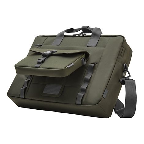 Eine olivgrüne Aktentasche, aus Stoff mit grauen Details, vor weißem Hintergrund. Mit Griff und Schultergurt, sowie einer kleinen Tasche auf der Vorderseite.
