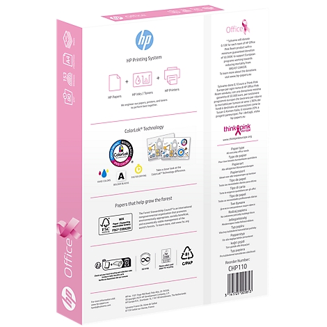 Rückseite einer rosafarbenen HP-Office-Papierbox mit Text und Logos. Beschriftung "Office", "HP", "ColorLok" und "Think Pink".