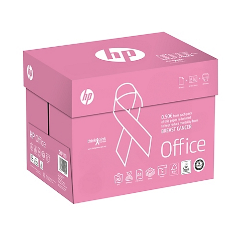 Boîte de papier HP Office rose avec logo, ruban de sensibilisation au cancer du sein et texte. "0,50€ par paquet est reversé..."