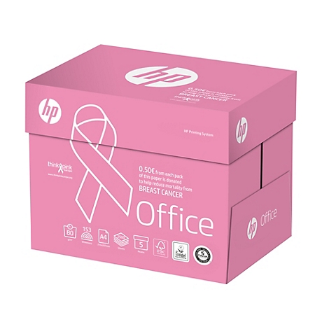 Boîte de papier rose HP avec logo blanc et ruban rose du cancer du sein. Inscriptions : "Office", "Think Pink" et "0,50€ par paquet pour lutter contre le cancer du sein".