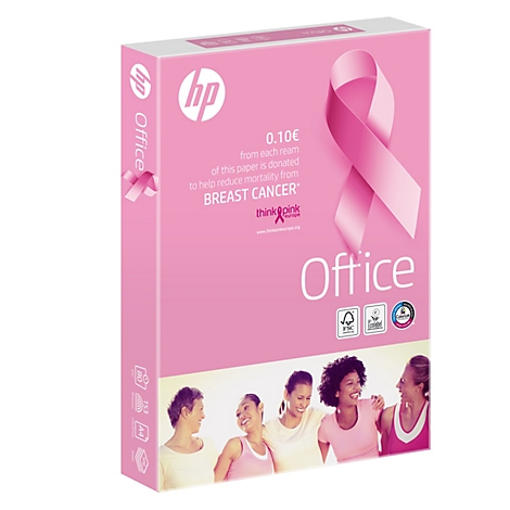 Paquet de papier rose HP Office, avec logo ruban rose pour la sensibilisation au cancer du sein et promesse de don.