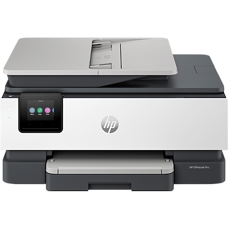 Imprimante blanche et grise avec écran tactile et logo HP. Le bac de sortie papier est ouvert.
