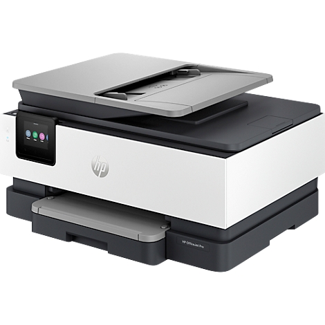 Imprimante HP OfficeJet Pro. Corps blanc avec couvercle gris, écran tactile couleur et logo HP.