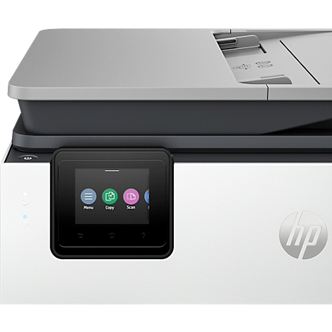 Une imprimante HP blanche avec écran tactile affichant les options de menu, de copie et de numérisation.