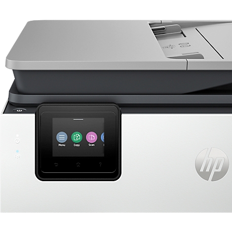 Imprimante blanche avec écran tactile, fonctions de menu et de numérisation. Le logo HP est à droite.