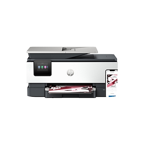 Ein HP OfficeJet-Drucker mit ausgedrucktem Papier. Rechts daneben ein Smartphone mit App-Vorschau.