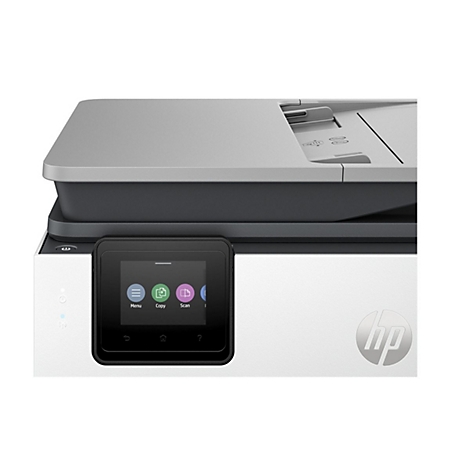 Gros plan sur une imprimante HP blanche avec un écran tactile et le logo HP. L'écran affiche des options telles que menu, copier et numériser.
