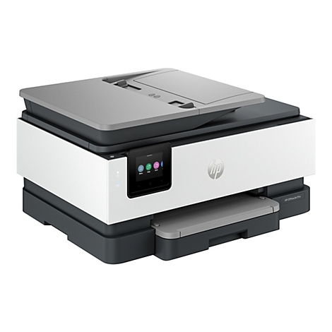 Kompakter, weiß-grauer HP OfficeJet Pro Multifunktionsdrucker vor neutralem Hintergrund.