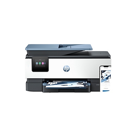 Ein HP OfficeJet Pro Drucker, Ansicht von vorne. Ein Smartphone zeigt einen Druckvorschau. Das gedruckte Blatt zeigt "Mortgage Options".