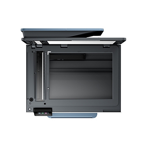 Draufsicht auf einen Drucker mit geöffnetem Scanner. Dunkelgraues Gehäuse, blauer Deckel. Bedienfeld mit Knöpfen und Display.